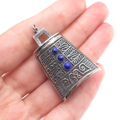 925 Sterling Silver Antique Real Lapis Chatelaine Filigree Box Oxidized Pendant