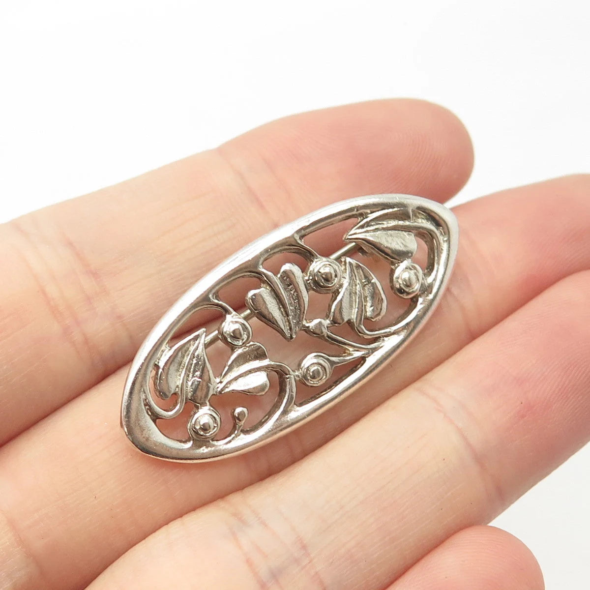 925 Sterling Silver Vintage Geara Floral Oval Pin Brooch