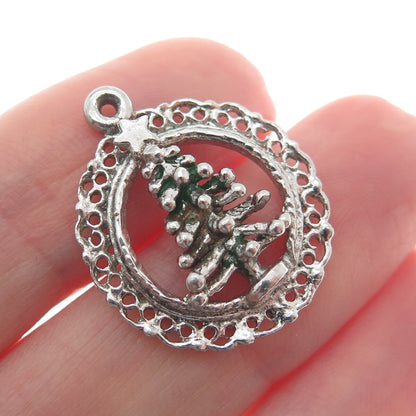 925 Sterling Silver Antique Art Deco Enamel Christmas Tree Minimalist Pendant