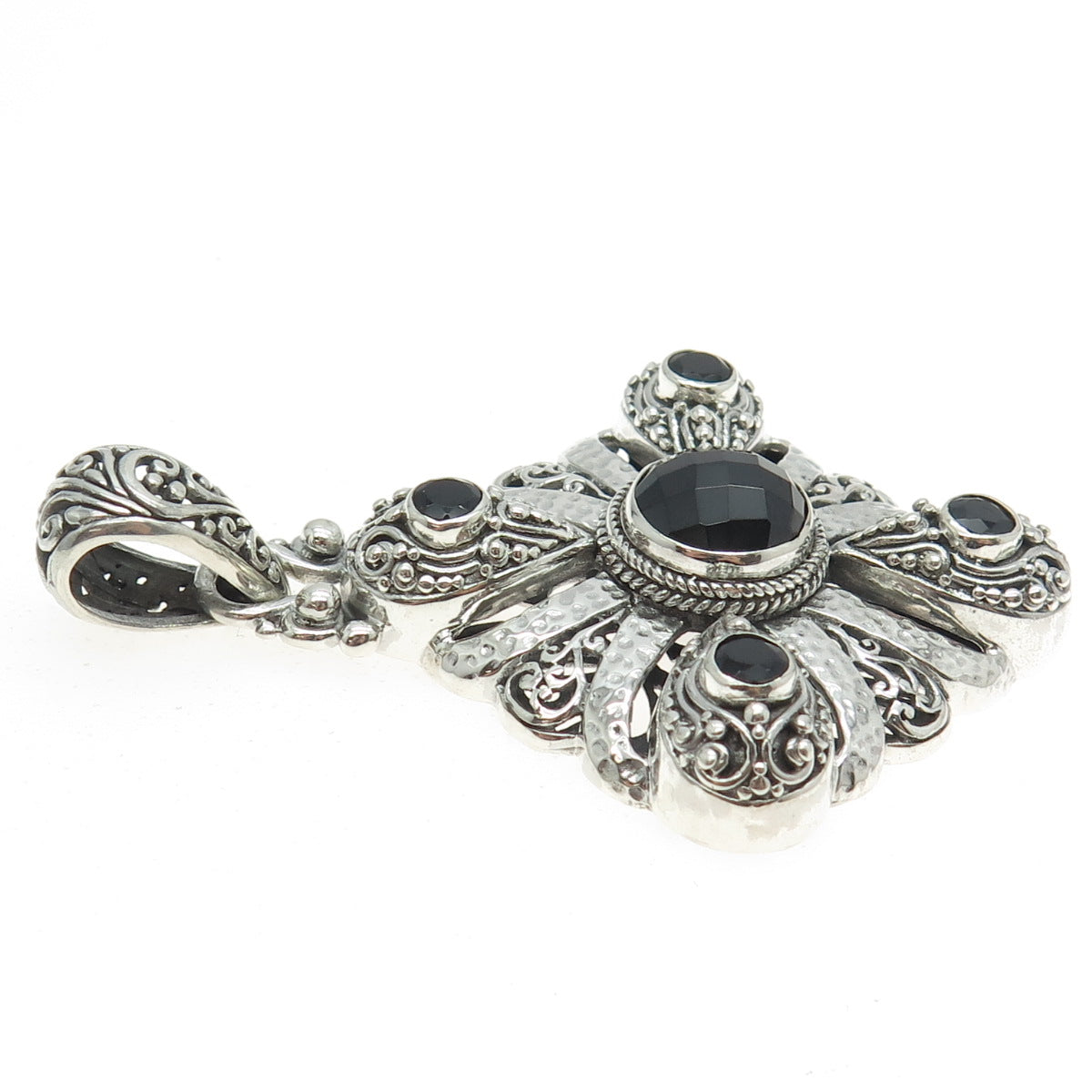 SARDA 925 Sterling Silver Vintage Real Black Onyx Gemstone Ornate Pendant