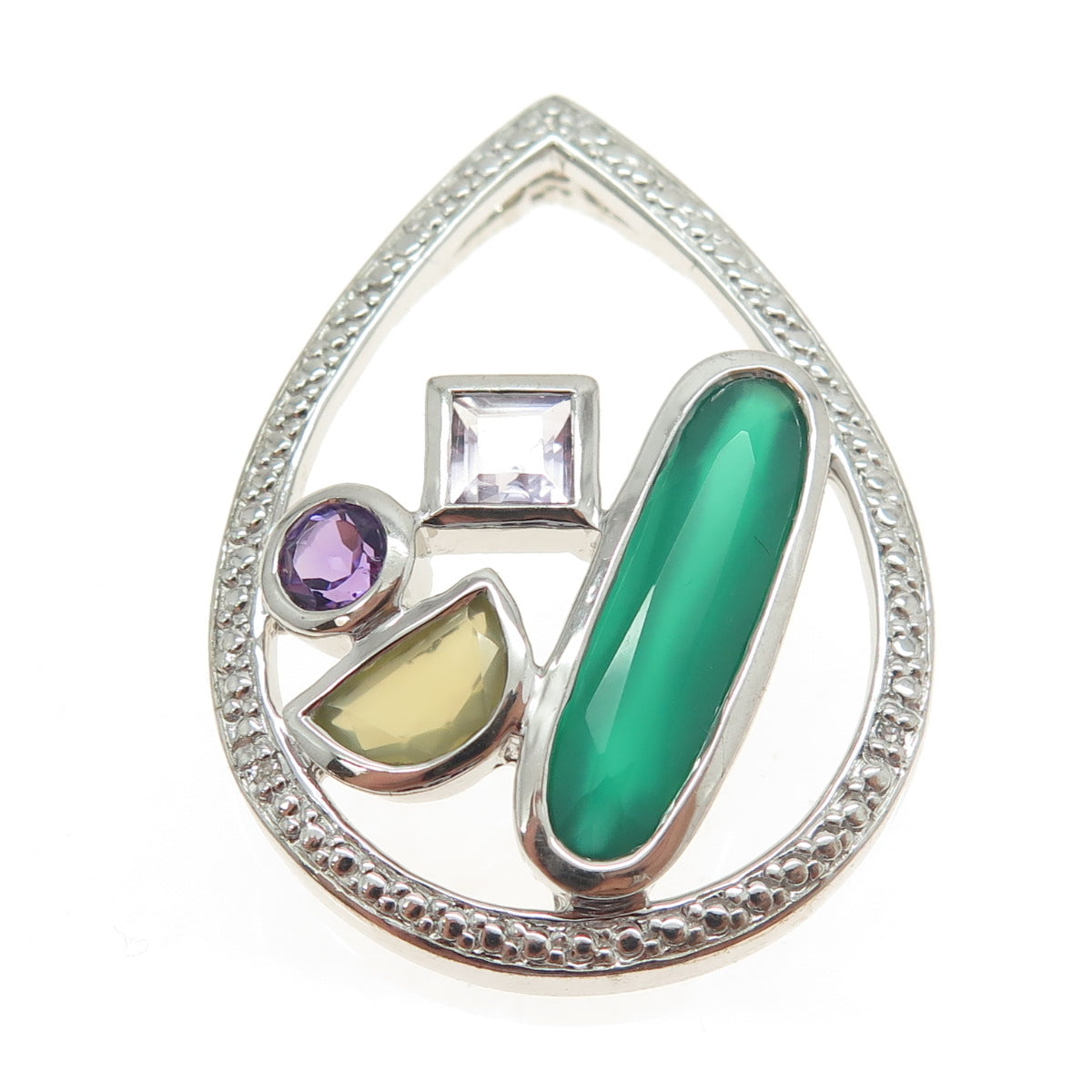 925 Sterling Silver Real Diamond Accent Green Onyx Amethyst Citrine Gem Pendant