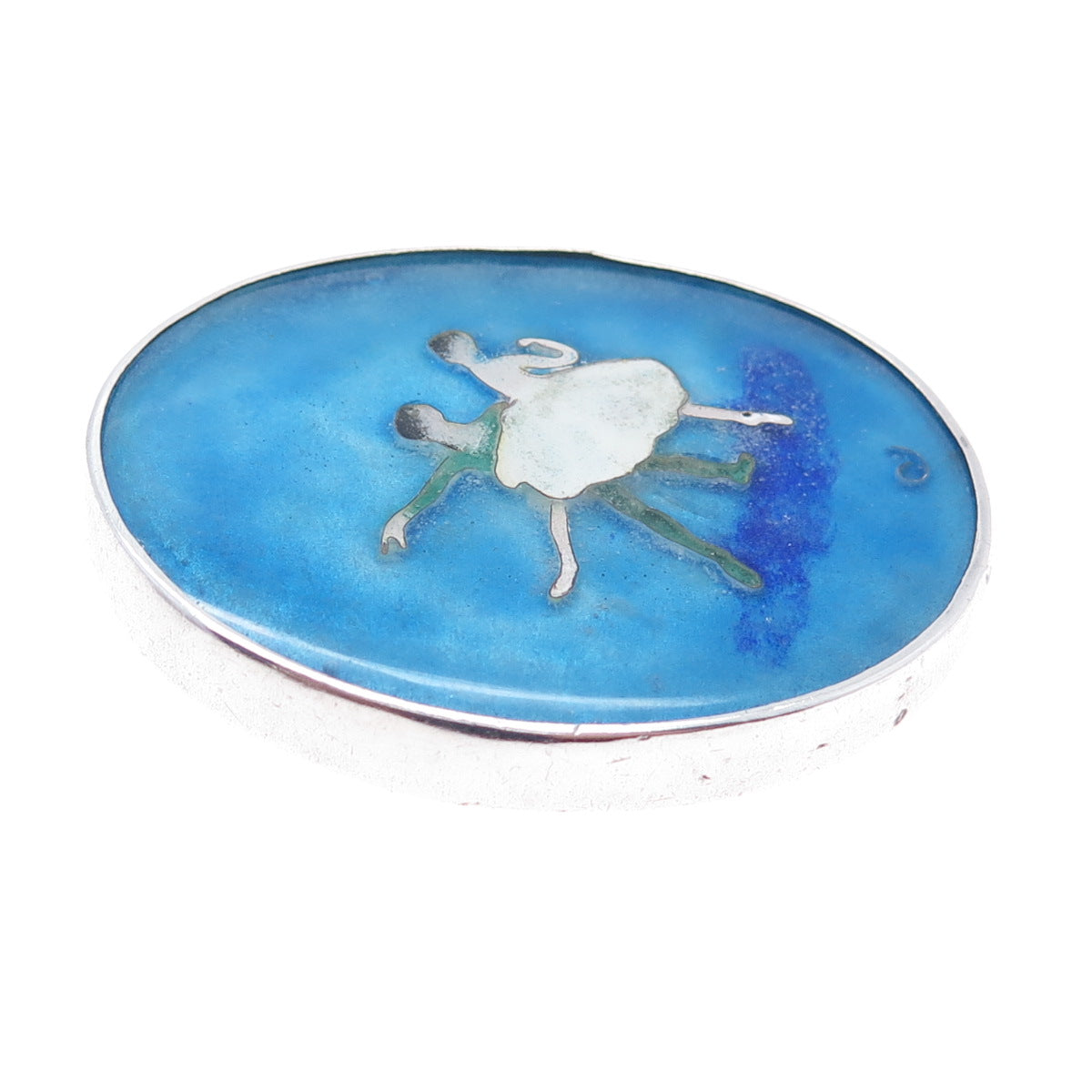 925 Sterling Silver Vintage Enamel Black Swan Ballet Dancers Slide Pendant
