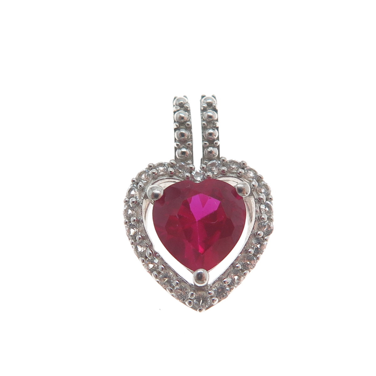 925 Sterling Silver Real White Topaz Gem & Heart-Cut Lab-Created Ruby Pendant
