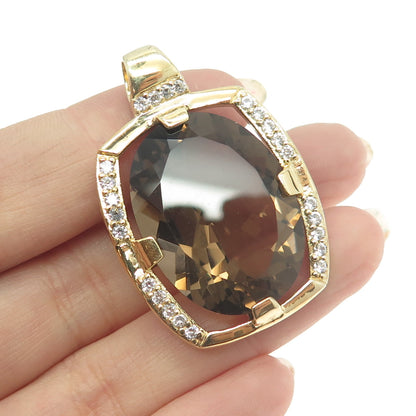 SETA 925 Sterling Silver Gold Plated Real Smoky Quartz & C Z Pendant