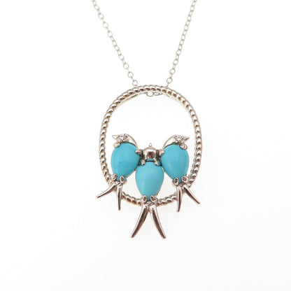925 Sterling Silver Real Turquoise & White Topaz Birds Cable Chain Necklace 18"