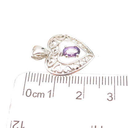 925 Sterling Silver Vintage Real Oval-Cut Amethyst Heart Charm Pendant