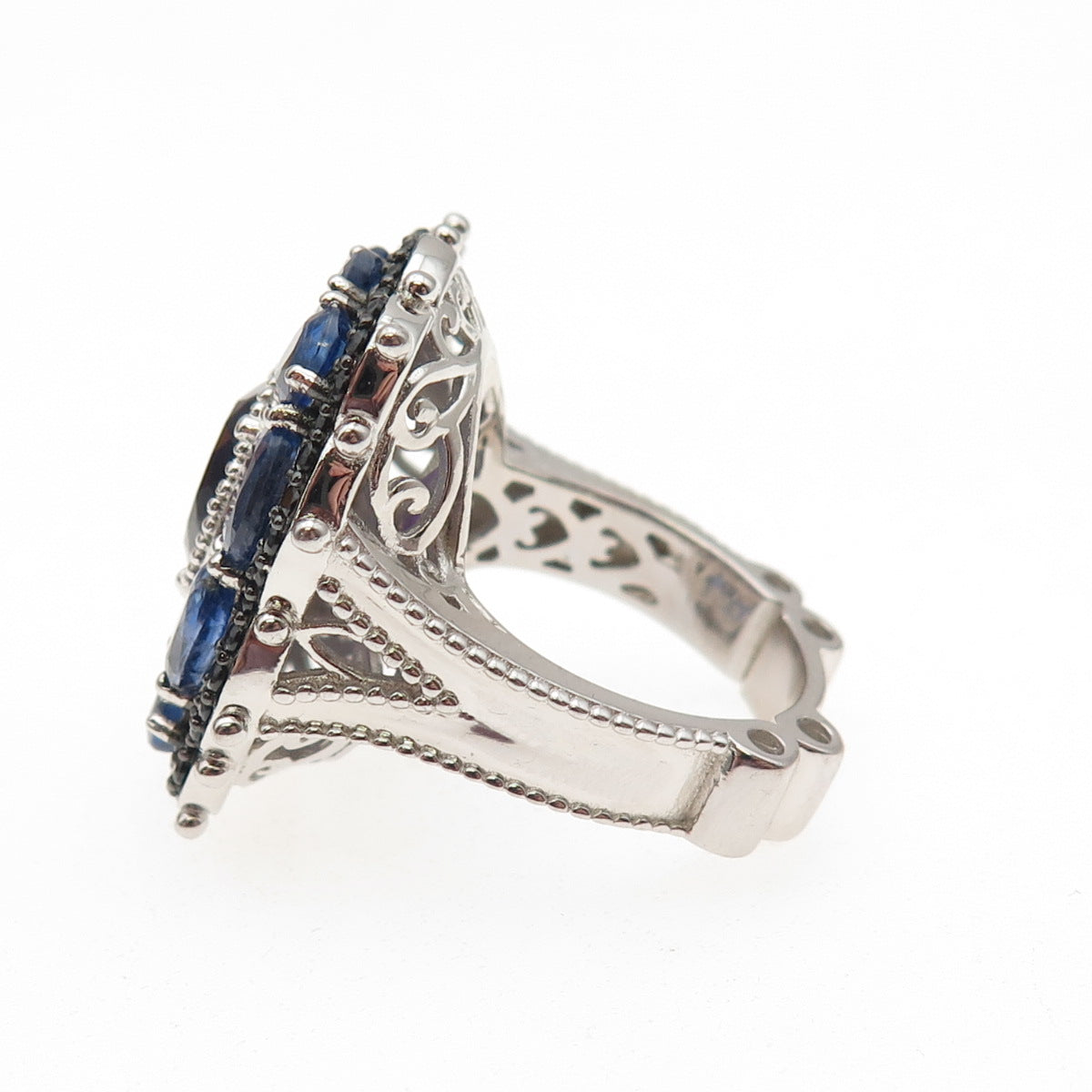 925 Sterling Silver Real Sapphire Amethyst & Black Spinel Cluster Ring Size 7
