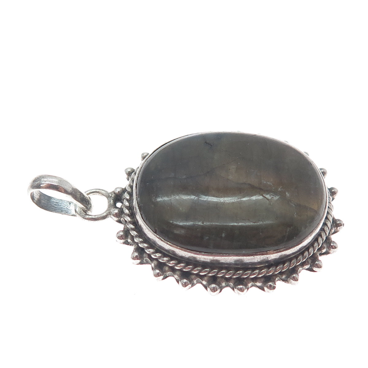 925 Sterling Silver Vintage Real Cabochon Labradorite Beaded Charm Pendant