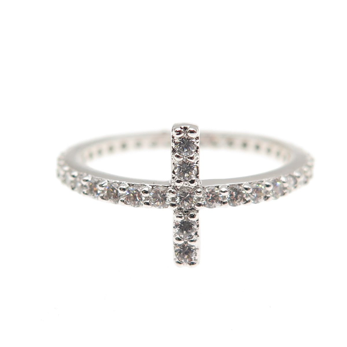 925 Sterling Silver Round-Cut C Z Cross Ring Size 6.25