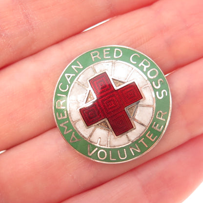Art's Elegance 925 Sterling Antique WWII Enamel American Red Cross Volunteer Pin