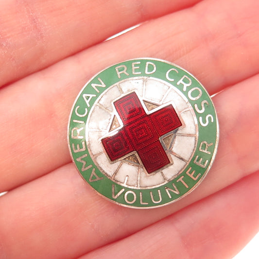 Art's Elegance 925 Sterling Antique WWII Enamel American Red Cross Volunteer Pin