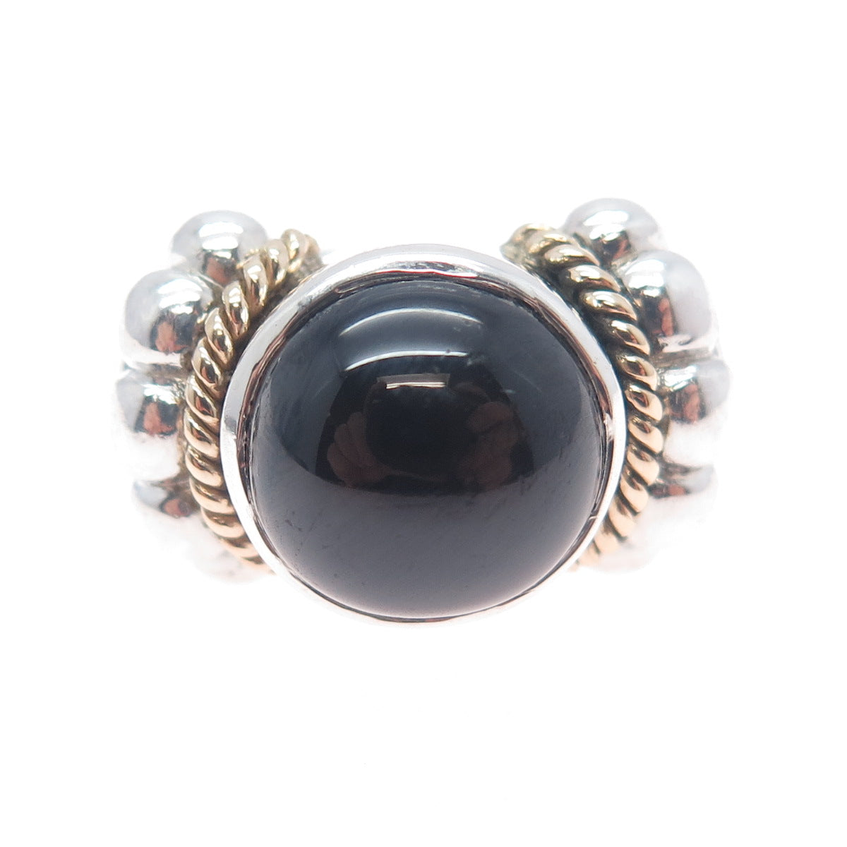 14K Gold 925 Sterling Silver Vintage Real Black Onyx Modernist Ring Size 6.5
