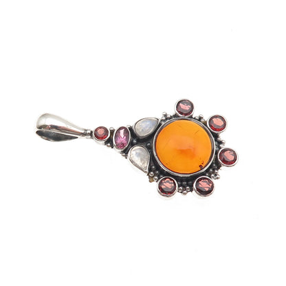 Sajen 925 Sterling Silver Vintage Real Amber Tourmaline Garnet Moonstone Pendant