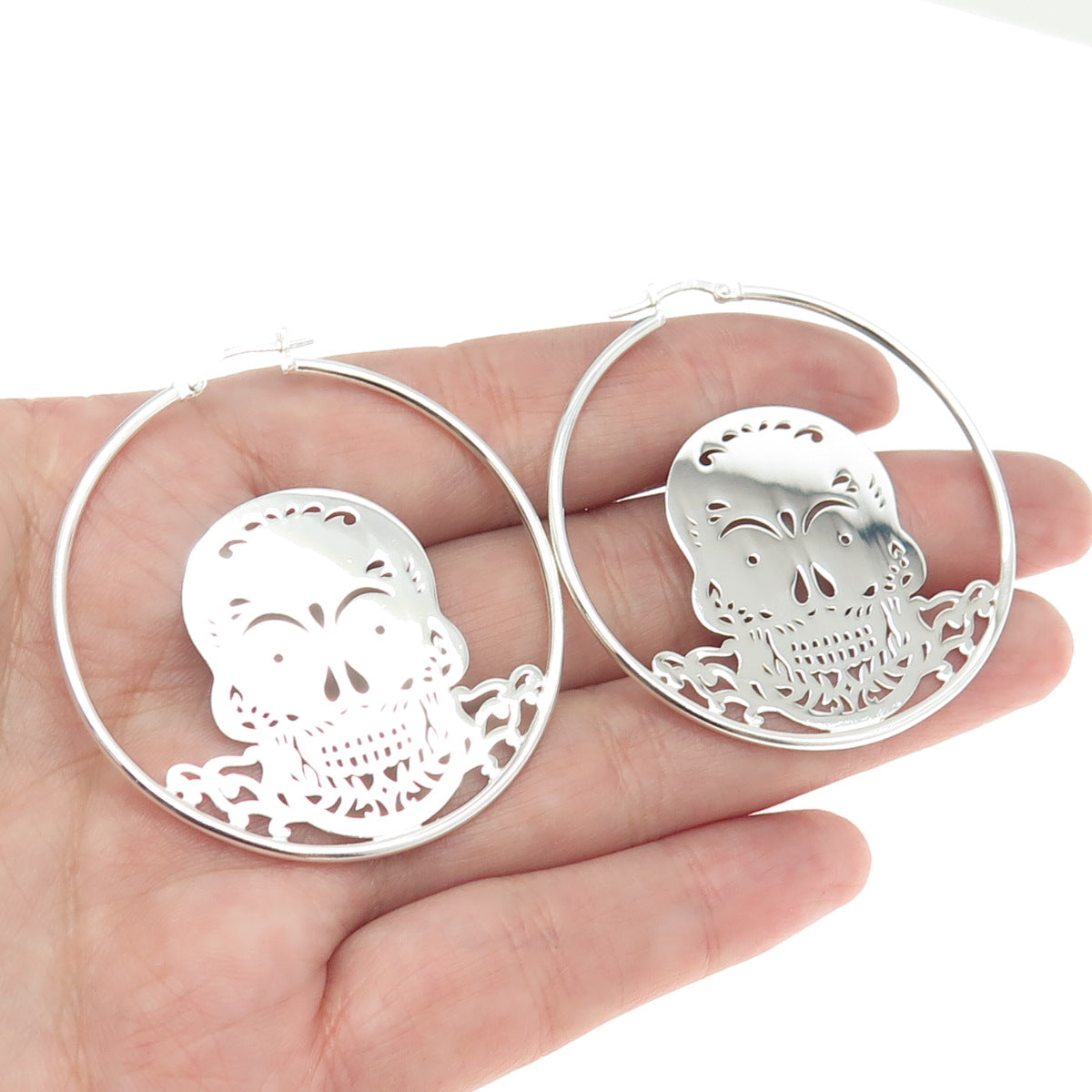 925 Sterling Silver Calavera Skull Hoop Earrings