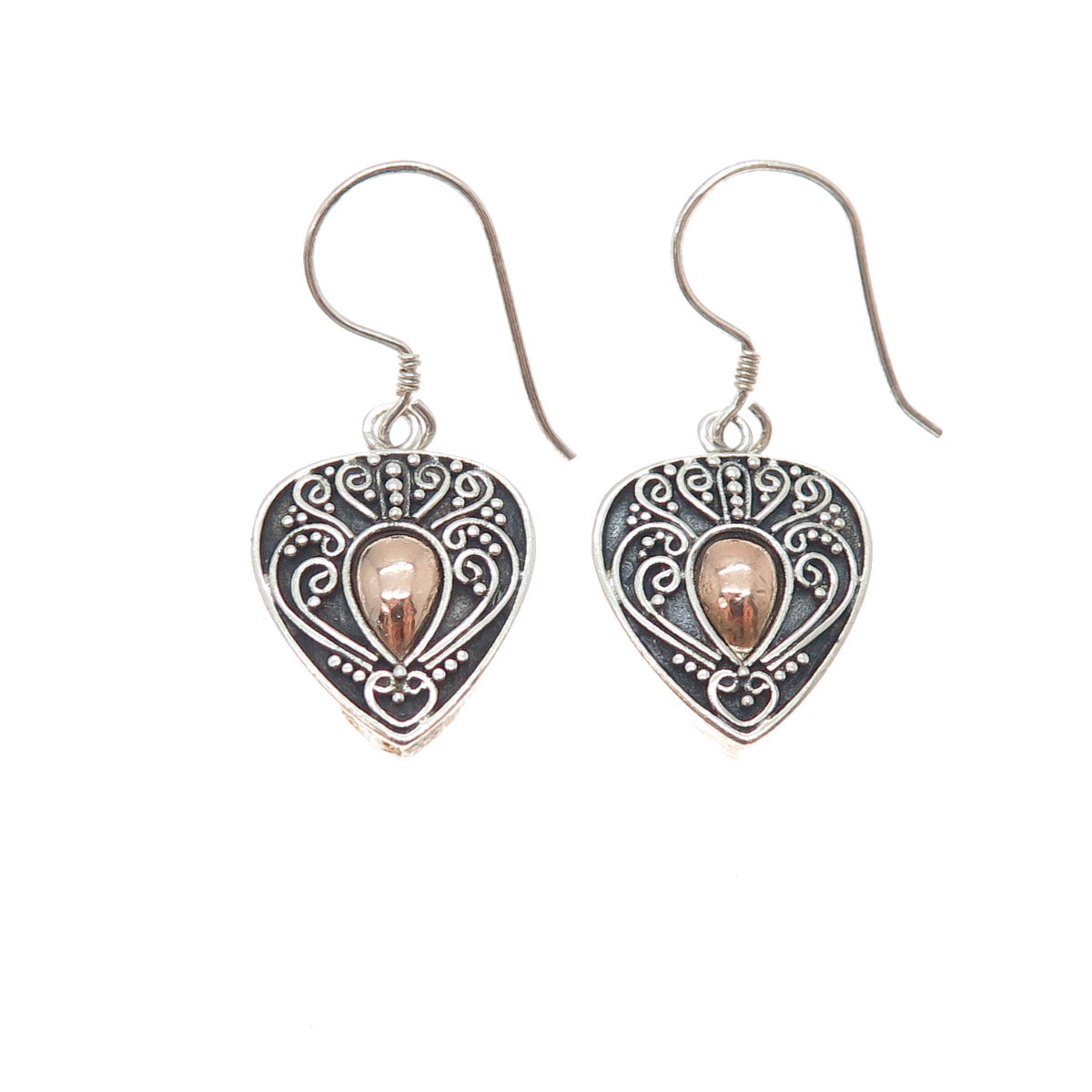 925 Sterling Silver 2-Tone Vintage Granulated Heart Oxidized Dangle Earrings