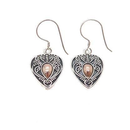 925 Sterling Silver 2-Tone Vintage Granulated Heart Oxidized Dangle Earrings