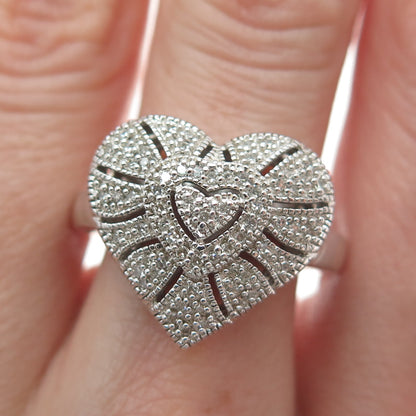 925 Sterling Silver Real Round-Cut Diamond Heart Ring Size 9.25