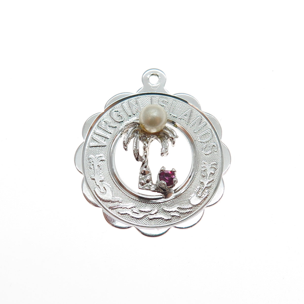CREA Sterling Silver Vintage Faux Pearl & Rhinestone Virgin Island Charm Pendant