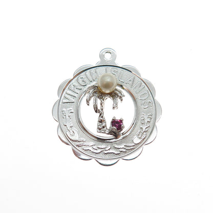 CREA Sterling Silver Vintage Faux Pearl & Rhinestone Virgin Island Charm Pendant