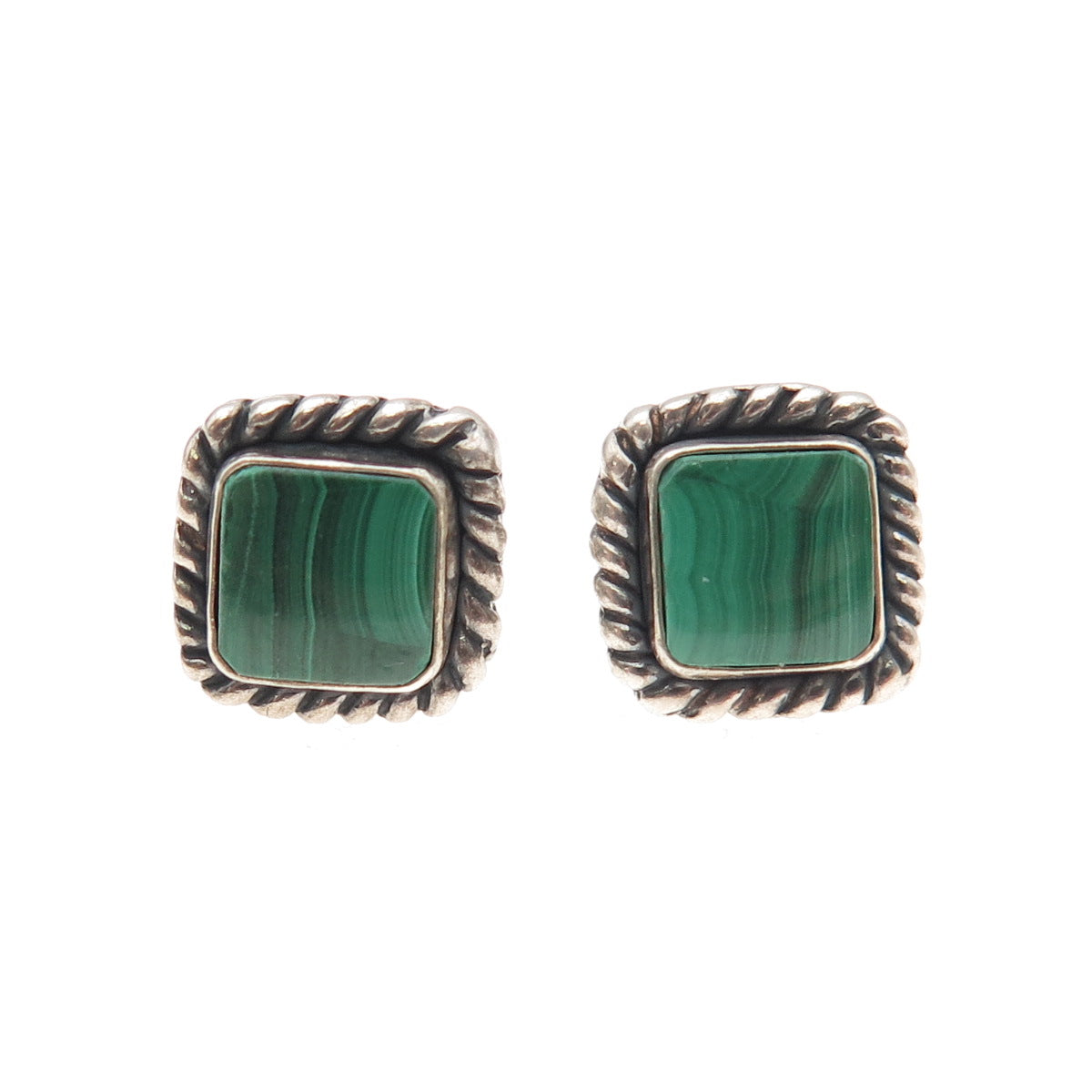 Quoc Turquoise Old Pawn 925 Sterling Silver Vintage Malachite Stud Earrings