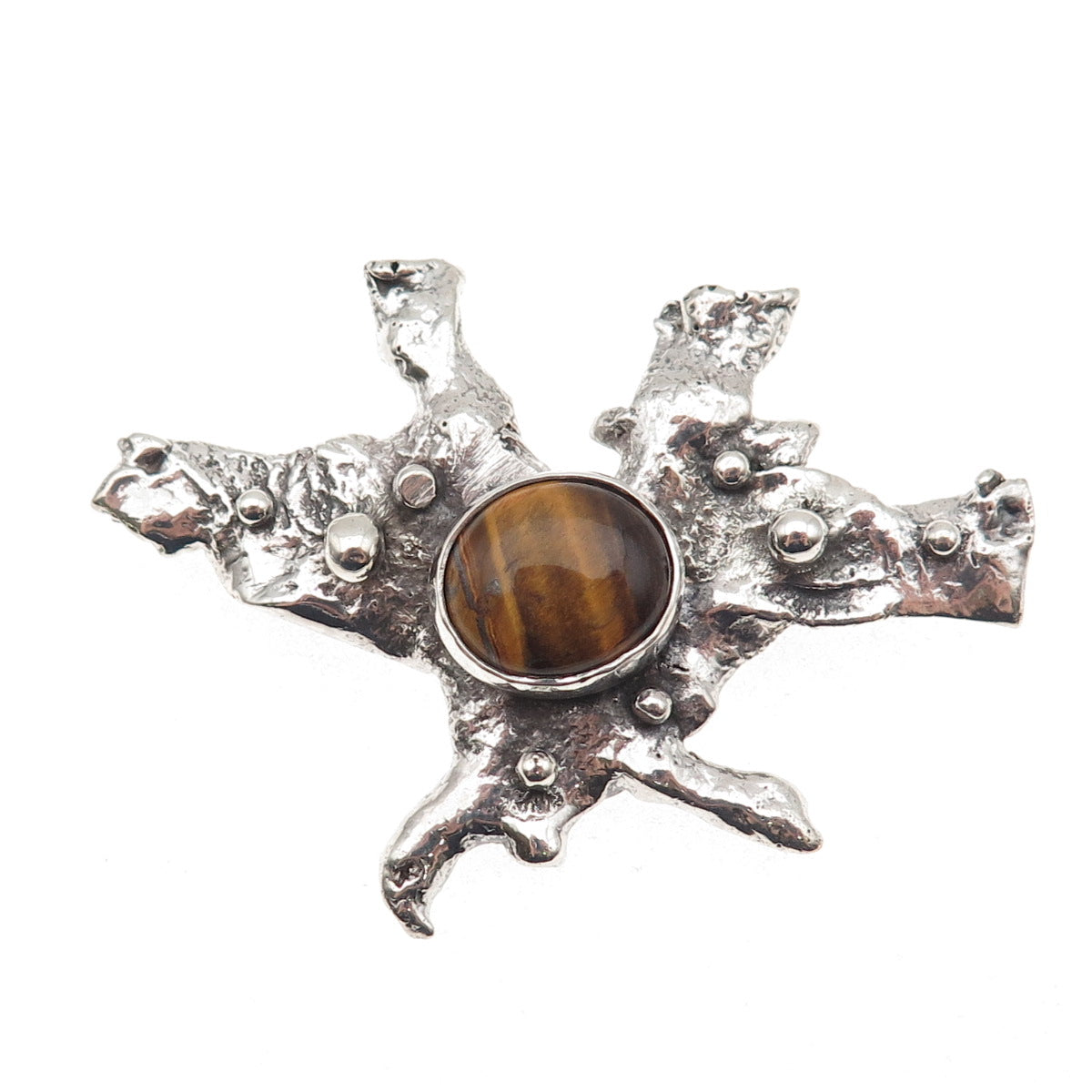 925 Sterling Silver Vintage Real Tiger Eye Modernist Oxidized Pin Brooch