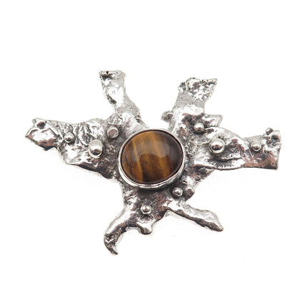 925 Sterling Silver Vintage Real Tiger Eye Modernist Oxidized Pin Brooch
