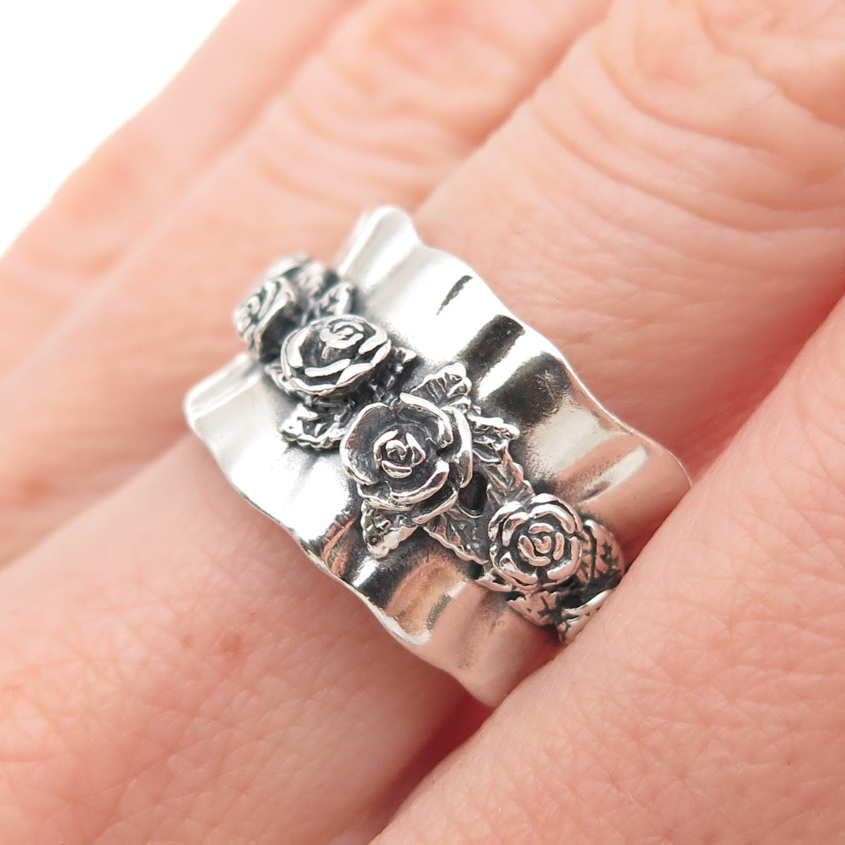 Regina Lane 925 Sterling Vintage Israel Rose Modernist Oxidized Ring Size 7.25