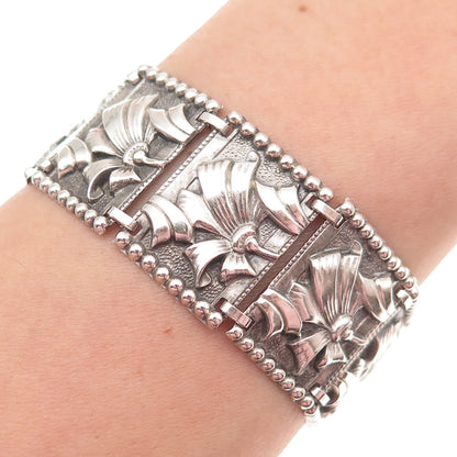 925 Sterling Silver Antique Art Deco Floral Oxidized Panel Link Bracelet 6.25"
