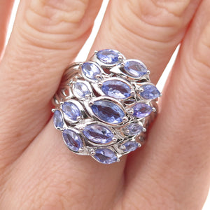 925 Sterling Silver Real Marquise-Cut Tanzanite Cluster Ring Size 8.25