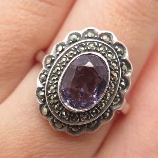 925 Sterling Silver Vintage Real Amethyst & Marcasite Oxidized Ring Size 6.75