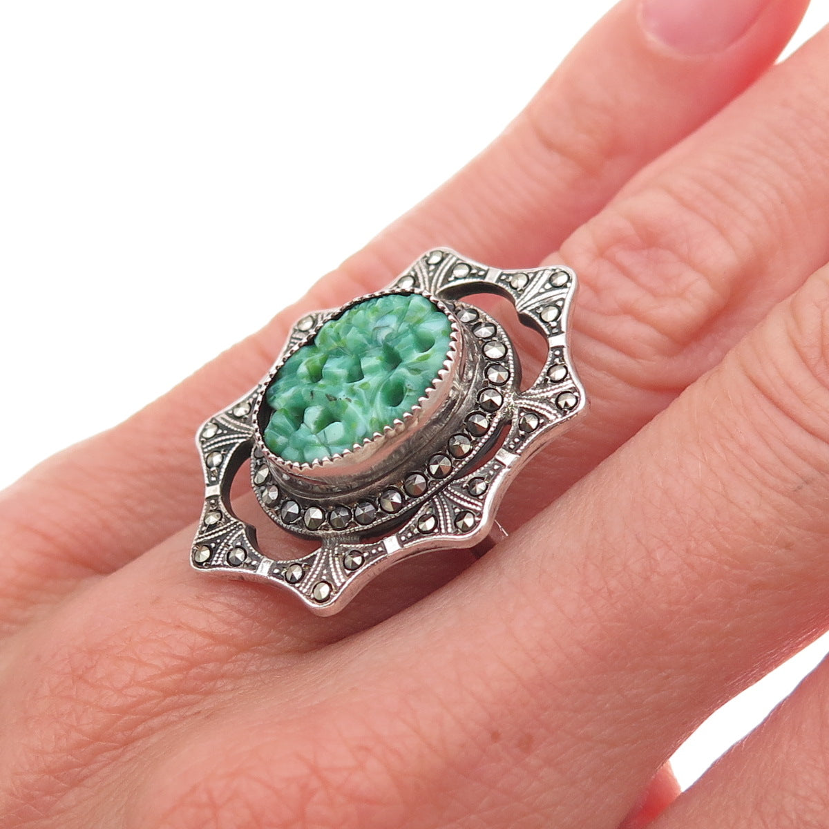 925 Sterling Silver Antique Art Deco Real Jade & Marcasite Oxidized Ring Size 6
