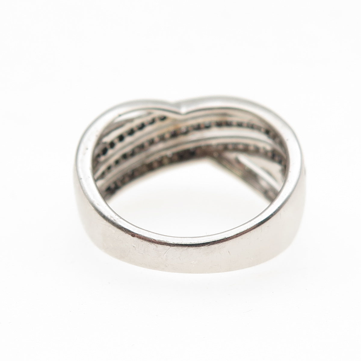 925 Sterling Silver Real Round-Cut Diamond Crisscross Ring Size 7.25