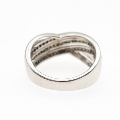 925 Sterling Silver Real Round-Cut Diamond Crisscross Ring Size 7.25