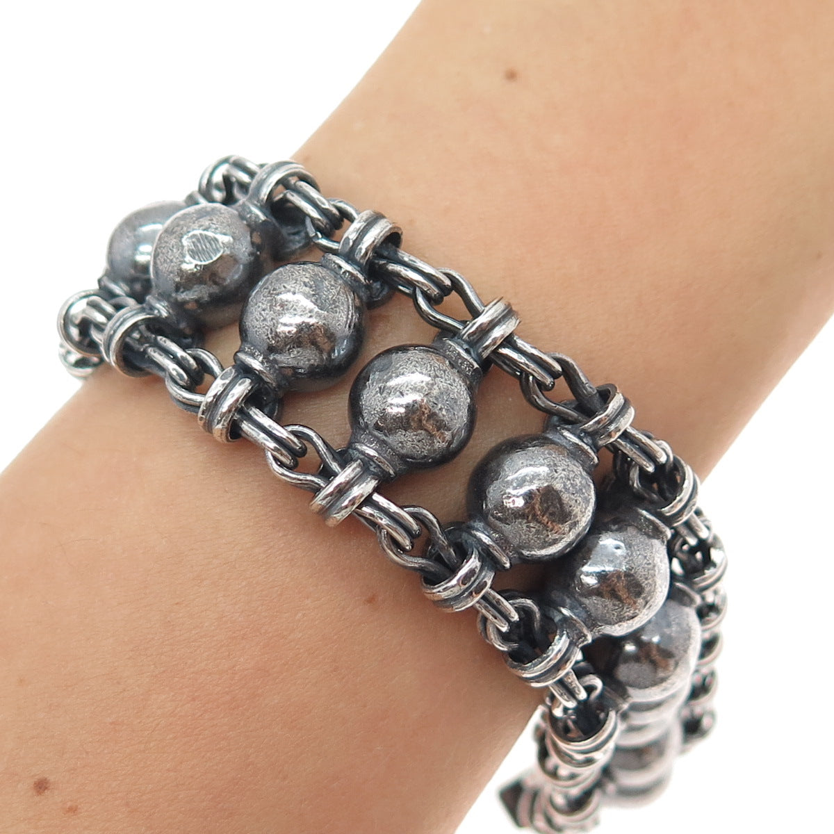 RA Rajasthani Sterling Silver Vintage Modernist Ball Beaded Oxidized Bracelet 7"