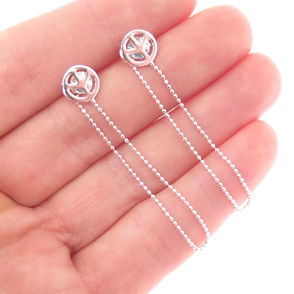 925 Sterling Silver Peace Symbol Ball Beaded Chain Dangle Earrings