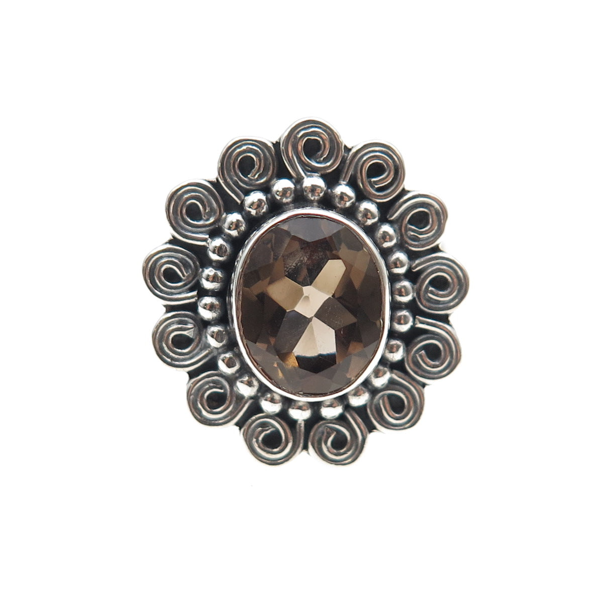 925 Sterling Silver Vintage Real Smoky Quartz Spiral Oxidized Ring Size 7.5