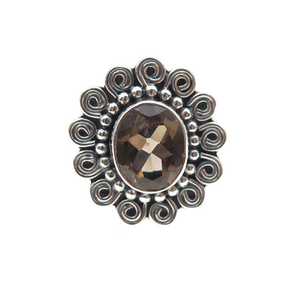 925 Sterling Silver Vintage Real Smoky Quartz Spiral Oxidized Ring Size 7.5