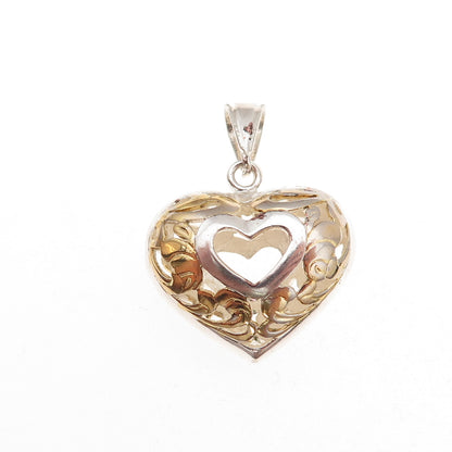 925 Sterling Silver 2-Tone Vintage Floral Scroll Heart Charm Pendant