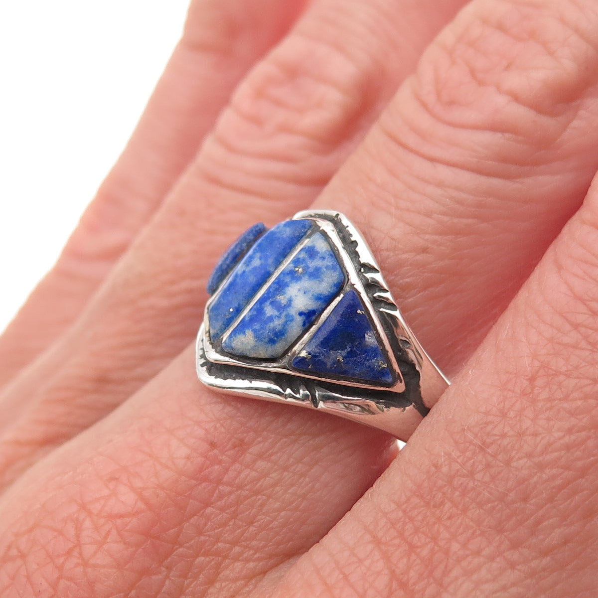925 Sterling Silver Vintage Real Lapis Oxidized Ring Size 9