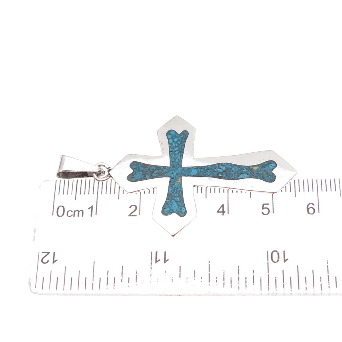925 Sterling Silver Vintage Mexico Real Turquoise Inlay Cross Pendant