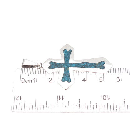 925 Sterling Silver Vintage Mexico Real Turquoise Inlay Cross Pendant