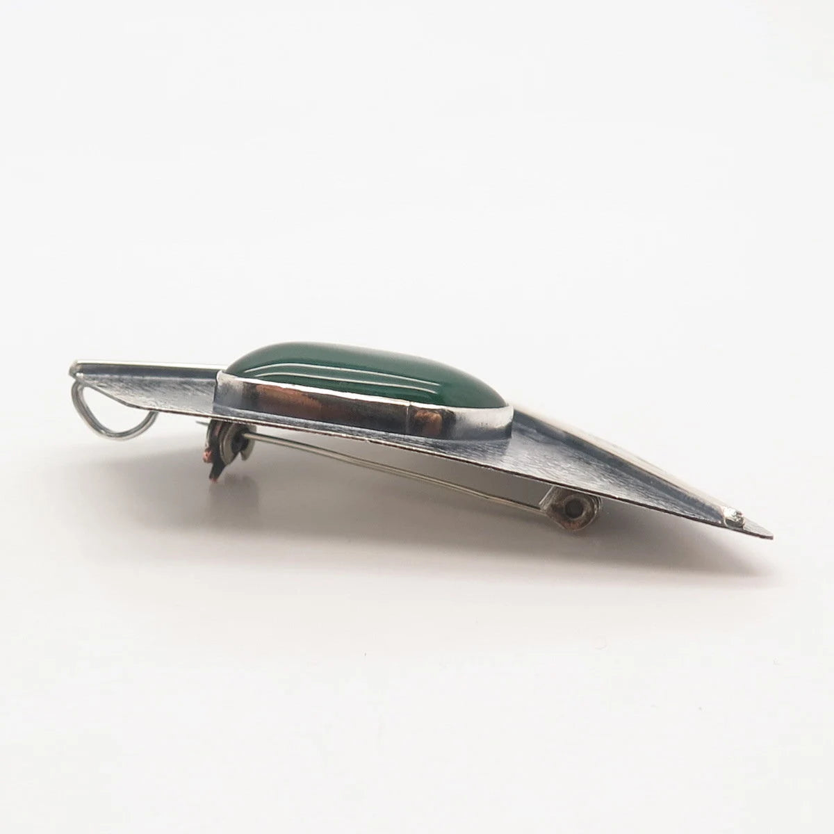 935 Silver Vintage Real Green Onyx Gemstone Textured Pin Brooch / Pendant