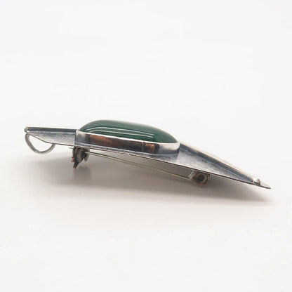 935 Silver Vintage Real Green Onyx Gemstone Textured Pin Brooch / Pendant