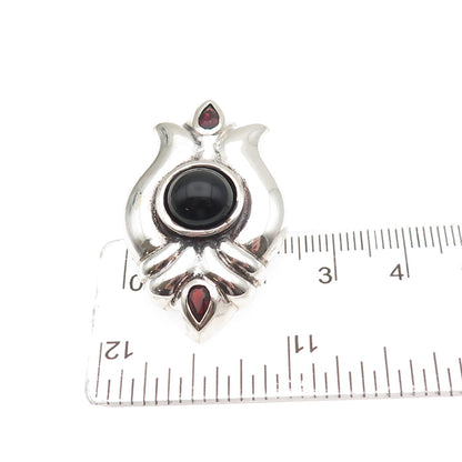925 Sterling Silver Vintage Real Black Onyx & Red Garnet Modernist Slide Pendant