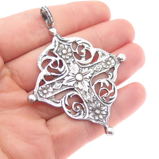 800 Silver Antique Art Deco Italy Flower Cross Religious Oxidized Pendant