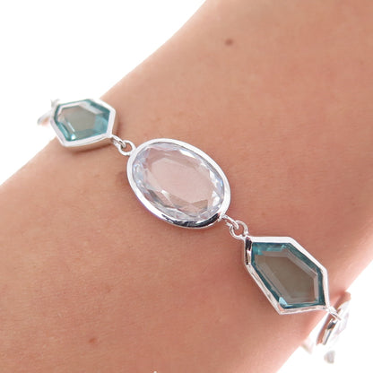 925 Sterling Silver Multi-Cut White & Blue C Z Modernist Link Bracelet 8"