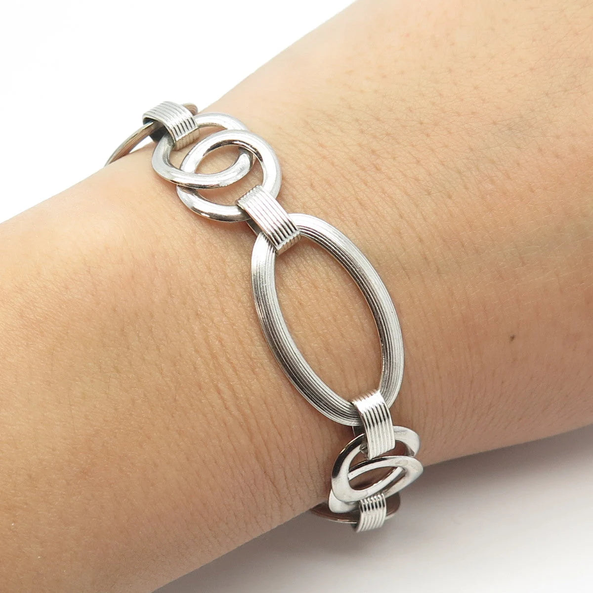 925 Sterling Silver Vintage Interlocked Rolo & Oval Link Bracelet 7.5"