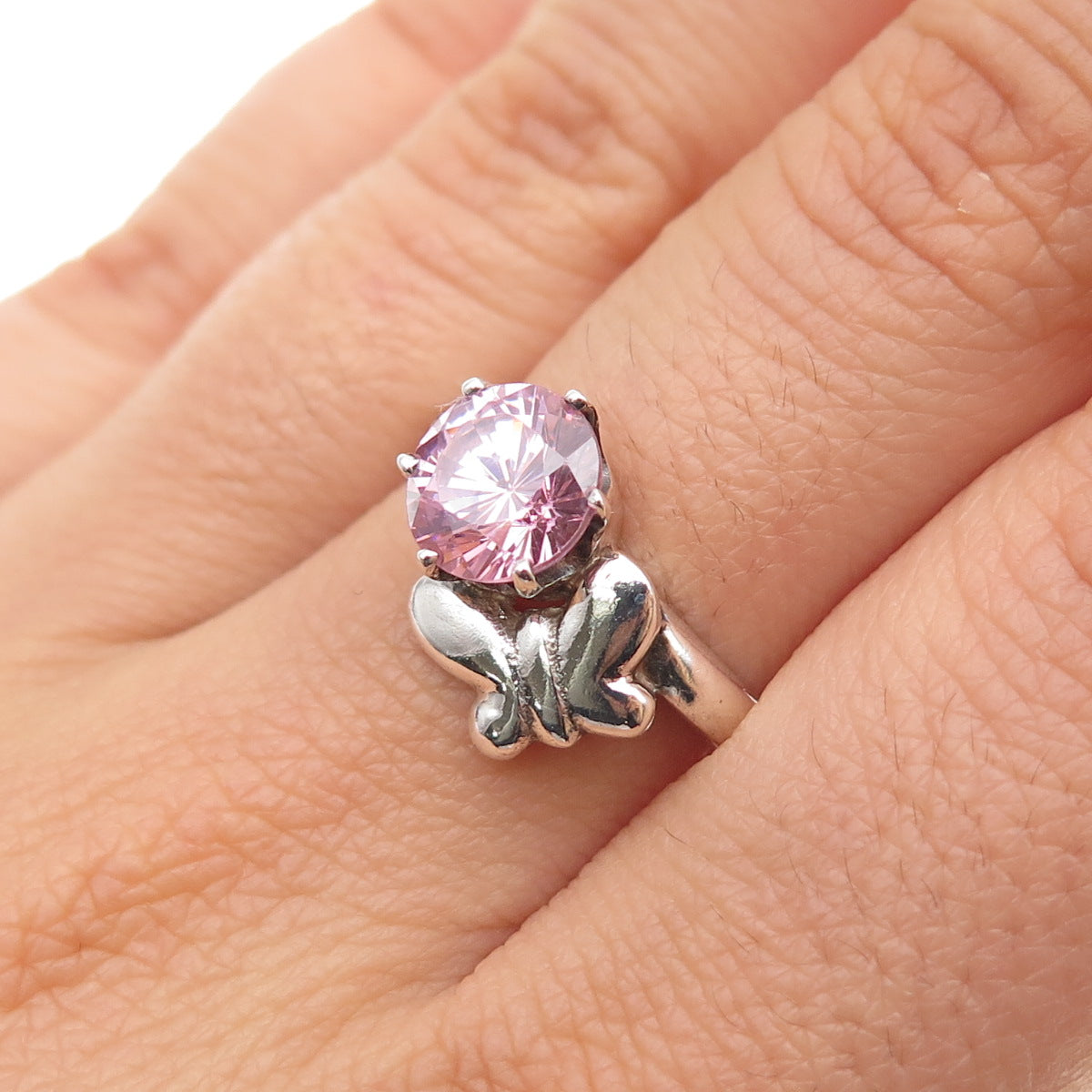 925 Sterling Silver Vintage Round-Cut Pink C Z Butterfly Ring Size 8