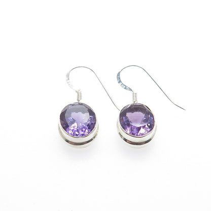 925 Sterling Silver Vintage Real Oval-Cut Amethyst Dangle Earrings