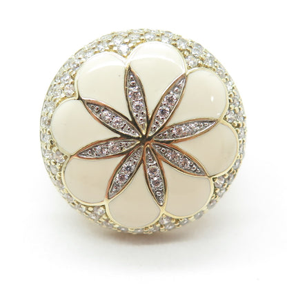 925 Sterling Silver Gold Plated White Enamel & C Z Floral Wide Ring Size 5.25